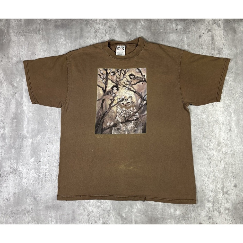 Vintage Tultex Here Birdie Birdie Cat Nature T Shirt Brown Mens XL 90s Humor
